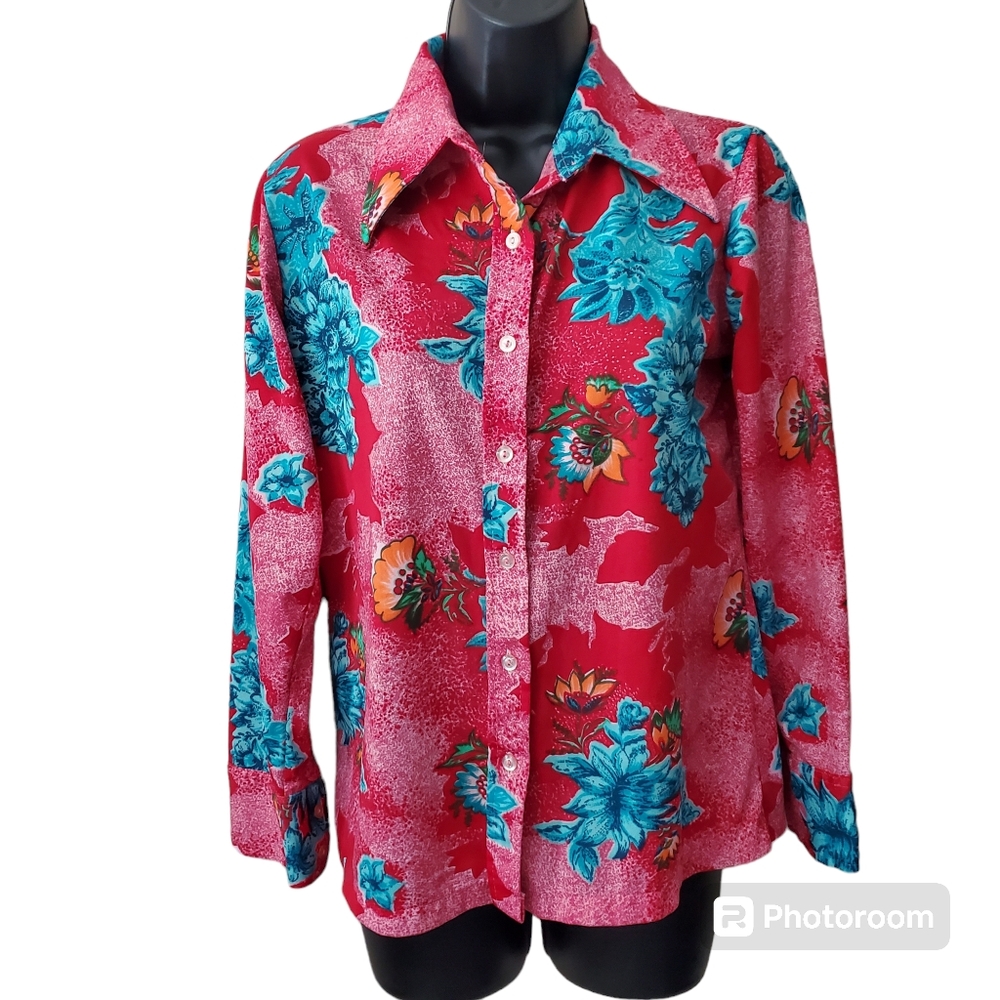 VINTAGE 70s floral red and pink disco shirt medium